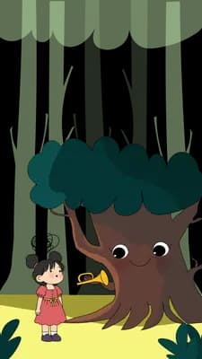 Rabbit and dog beside a bare tree under a pale green awning