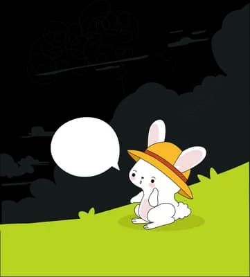Rabbit in a yellow hat on a green field as grey smoke clouds roll in