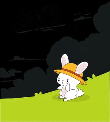 Rabbit in a hat standing on grass under dark rolling smoke