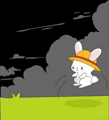 Rabbit in a yellow hat hopping on a green grass ledge by a sprout