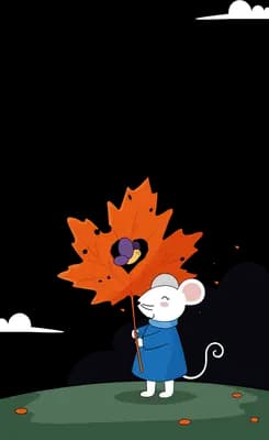 Rabbit holding an orange maple leaf as an umbrella in light rain