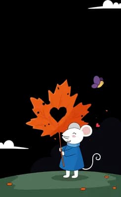 Rabbit holding an orange maple leaf as an umbrella with hearts above