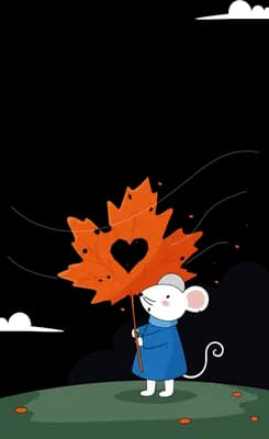 Rabbit gripping a maple leaf umbrella as pink wind swirls past