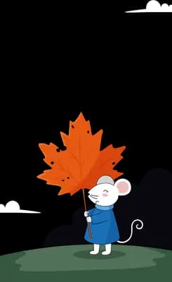 Rabbit clinging to a torn red leaf blown by strong wind