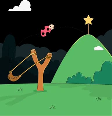 Ladybug flying mid-air along a dotted arc from a wooden slingshot toward a green hill