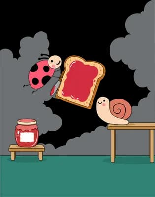 Two ladybugs carrying a giant jam-covered slice of toast between a jam jar and a wooden table