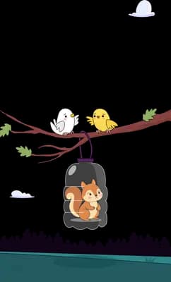 White bird and yellow chick perched on a bare branch above a squirrel on a mostly empty field