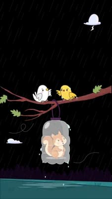 Bird chick and squirrel scattered around a pale branch on a near-empty background