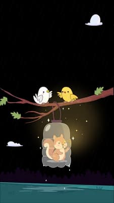 Warm light falling on a branch where a bird and chick sit above a squirrel