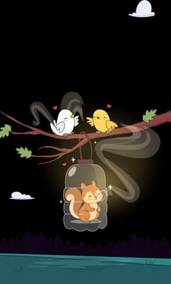Bird chick and squirrel lit by a soft glow beside a bare branch
