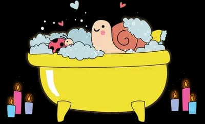 Snail soaking in a yellow bathtub full of bubbles beside a ladybug and lit candles