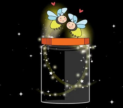 Two fireflies hovering above a glass jar filled with glowing lights in a dark circle