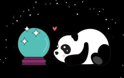Panda lying down nose to nose with a teal watering can resting on a magenta book