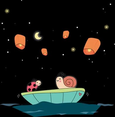 Ladybug and snail floating in a teal boat while sky lanterns rise under a crescent moon