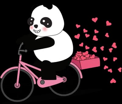 Panda riding a pink bicycle with a crate of hearts spilling out behind