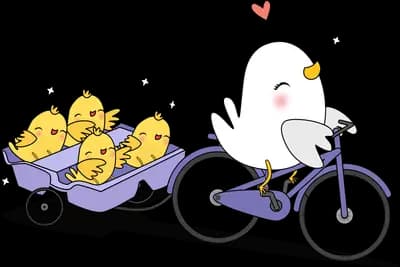 White duck riding a purple bicycle towing a cart crowded with yellow chicks