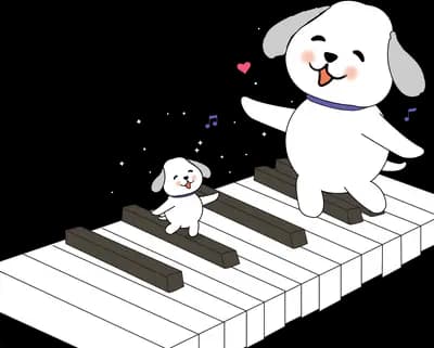 White dog and a tiny puppy bounding across giant piano keys