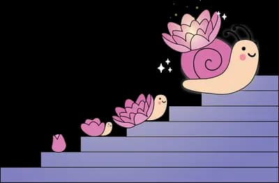 Pink snail climbing a flight of purple steps leaving lotus blossoms behind