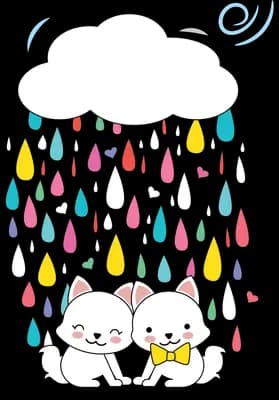 Two white kittens huddled together under a cloud raining colourful droplets