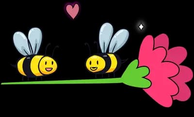 Two bees flying toward a red flower on grass with hearts