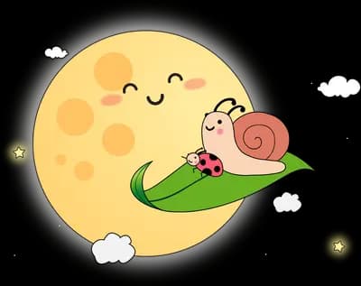 Snail resting on a leaf against a smiling full moon