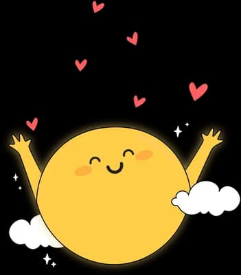 Yellow sun character with arms raised and hearts above