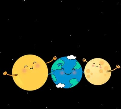 Sun, earth and moon characters holding hands in a row