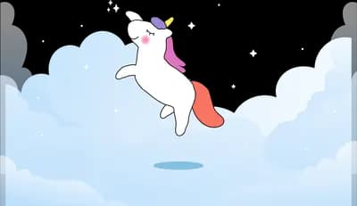 Unicorn leaping through pale blue clouds