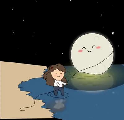 Girl wading in water beside a smiling moon on the shore