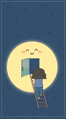 Ladder leading up to a smiling moon in a starry sky