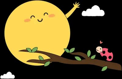 Smiling sun rising behind a branch with a ladybug