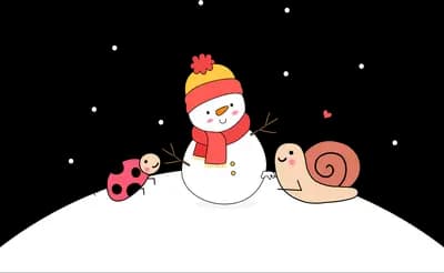 Snowman with a snail and ladybug on a snowy ridge