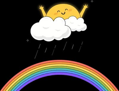 Smiling sun behind a cloud above a bright rainbow