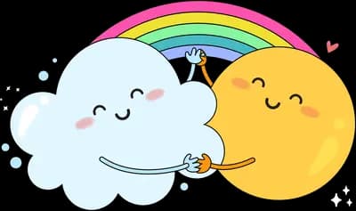 Smiling cloud and sun together under a rainbow
