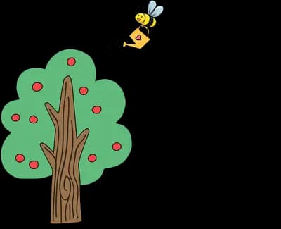 Tall green tree with a bee flying nearby