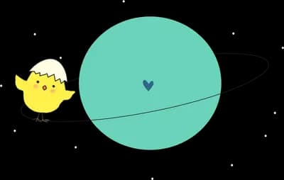 Chick flying past a teal ringed planet