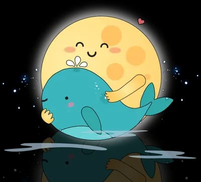 Whales swimming beneath a large smiling moon