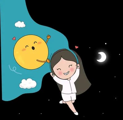 Girl reaching toward a smiling moon by a teal cliff