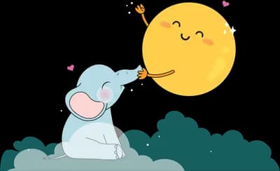 Elephant on a cloud blowing toward a smiling sun