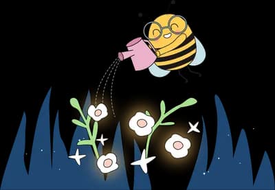 Bee above white flowers rising from dark grass