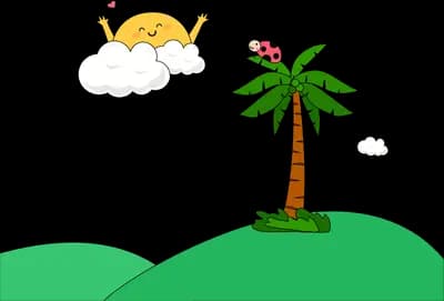 Palm tree on a green island under a smiling sun
