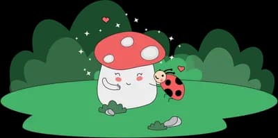 Red toadstool with a ladybug on green grass