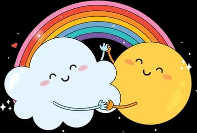 Smiling cloud and sun beneath a rainbow