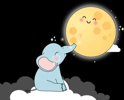 Elephant reaching toward a large smiling moon