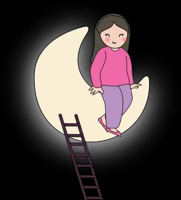Girl climbing a ladder onto a crescent moon