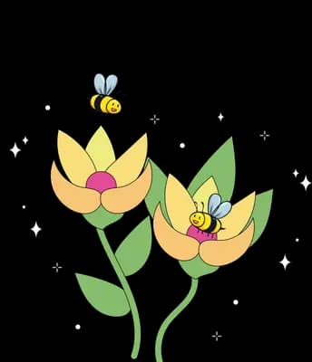 Two yellow tulips with bees hovering