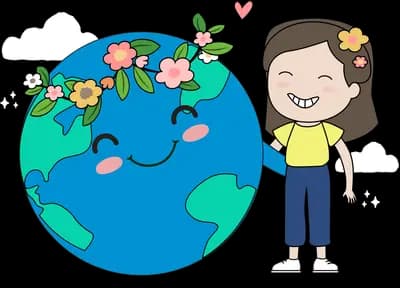 Children beside a smiling earth wearing flowers