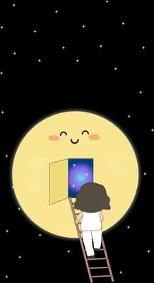 Girl climbing a ladder into a glowing moon doorway