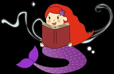 Red-haired mermaid reading a book