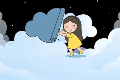 Girl pulling a cloud along a sky of clouds